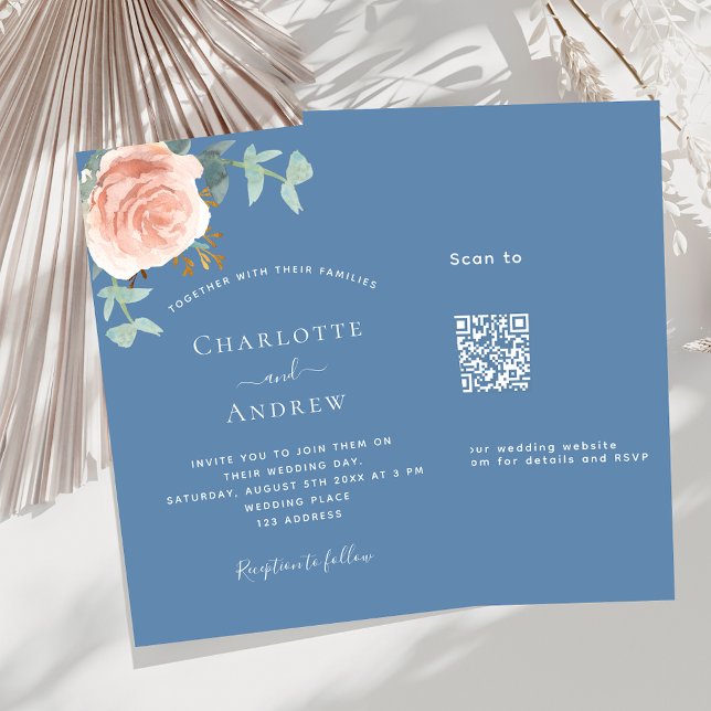 Rose gold dusty blue greenery QR code RSVP wedding Invitation (Creator Uploaded)