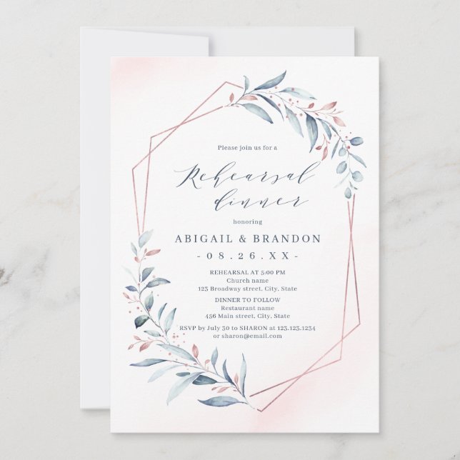 Rose Gold Dusty Blue Greenery Rehearsal Dinner Invitation (Front)