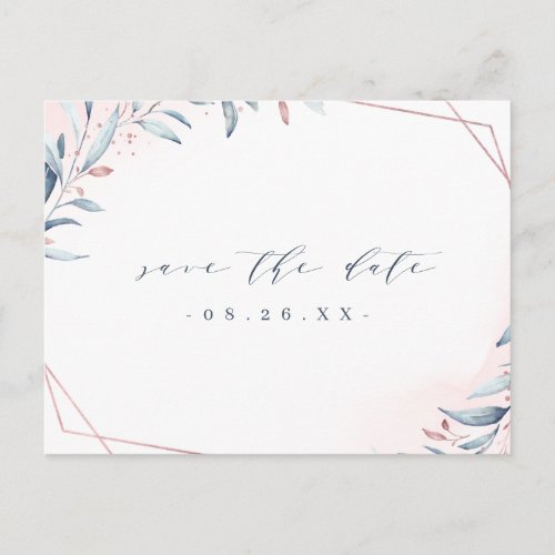 Rose Gold Dusty Blue Greenery Save The Date Announcement Postcard