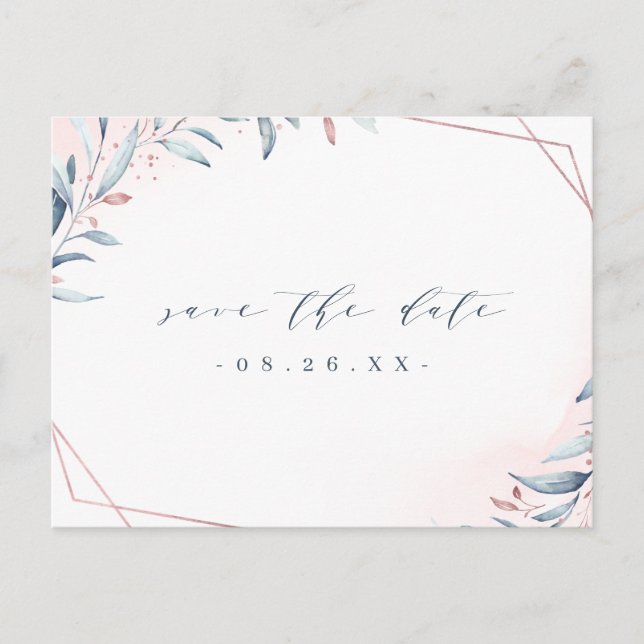 Rose Gold Dusty Blue Greenery Save The Date Announcement Postcard (Front)