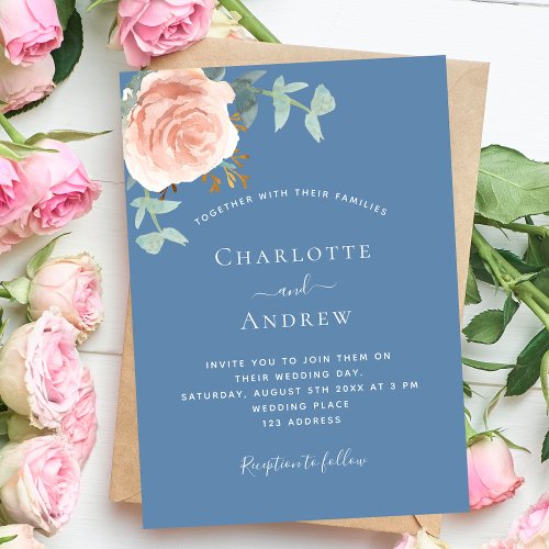Rose gold dusty blue greenery wedding invitation