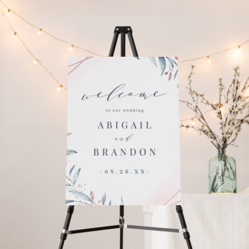 Rose Gold Dusty Blue Greenery Wedding Welcome Sign