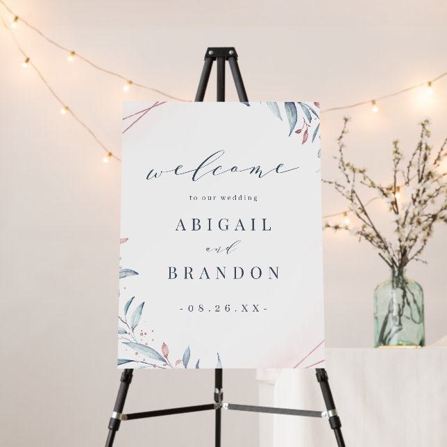 Rose Gold Dusty Blue Greenery Wedding Welcome Sign (In Situ (Stand))