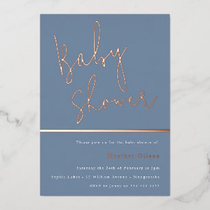 Rose Gold Dusty Blue Modern Baby Shower Foil Invitation