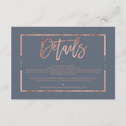 Rose gold dusty blue script wedding direction enclosure card