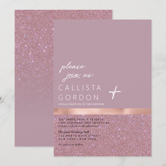 Rose Gold Dusty Mauve Glitter Color Block Wedding Invitation (Front/Back)