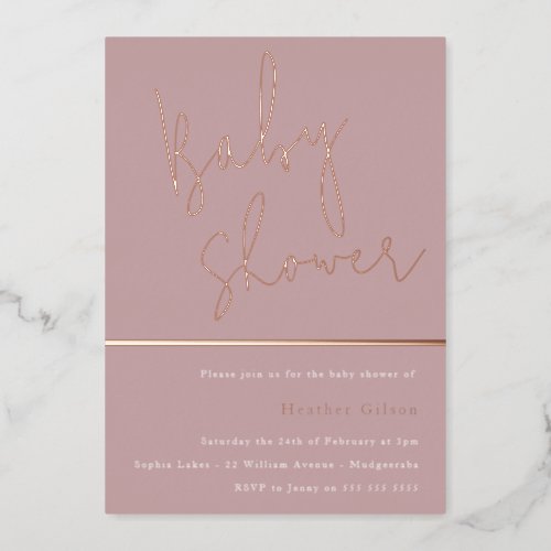 Rose Gold Dusty Mauve Pink Modern Baby Shower Foil Invitation