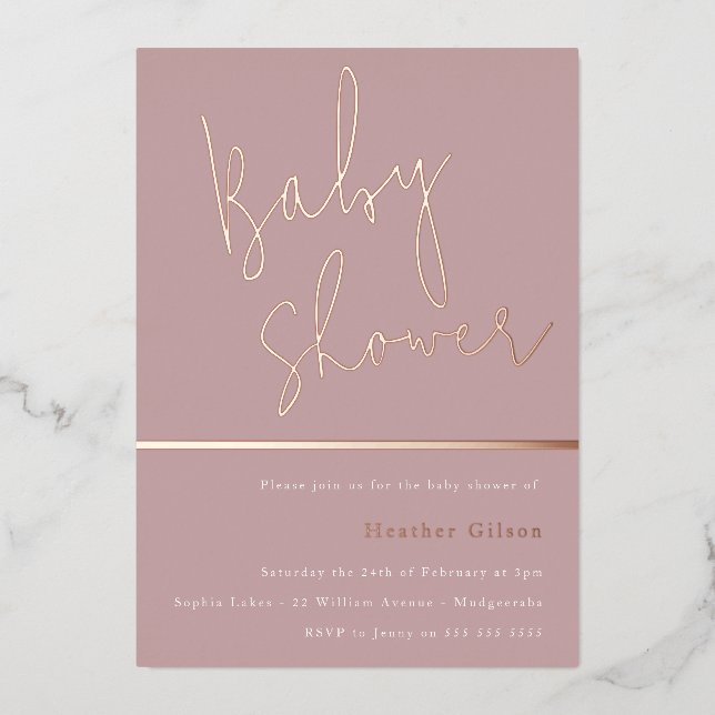 Rose Gold Dusty Mauve Pink Modern Baby Shower Foil Invitation (Front)