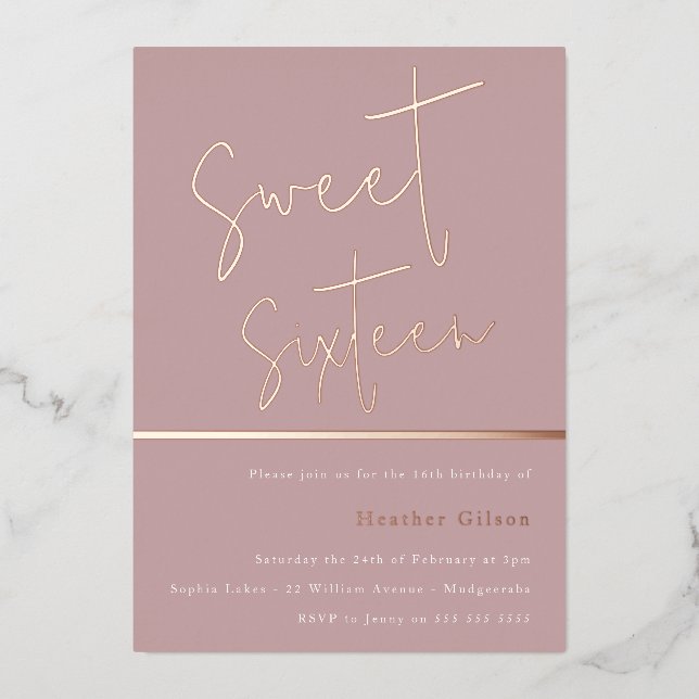 Rose Gold Dusty Mauve Pink Modern Sweet 16 Foil Invitation (Front)
