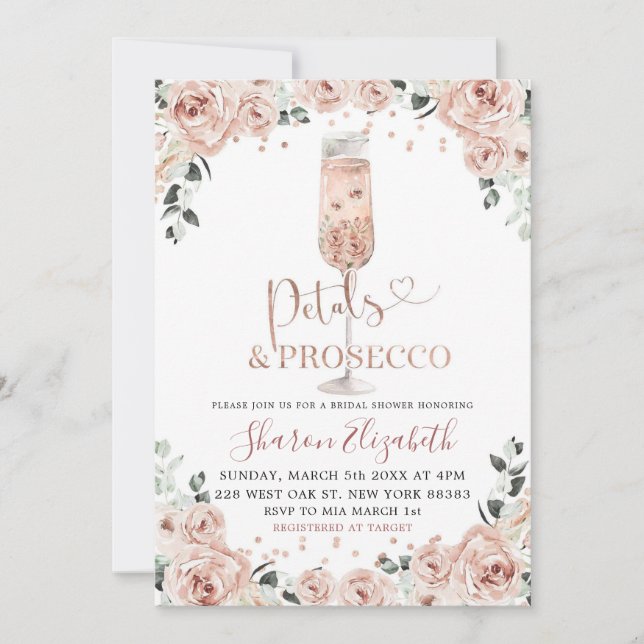 Rose Gold Dusty Petals and Prosecco Bridal Shower Invitation (Front)