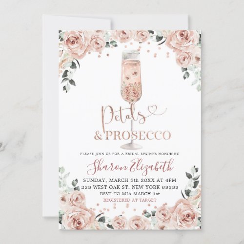 Rose Gold Dusty Petals and Prosecco Bridal Shower Invitation