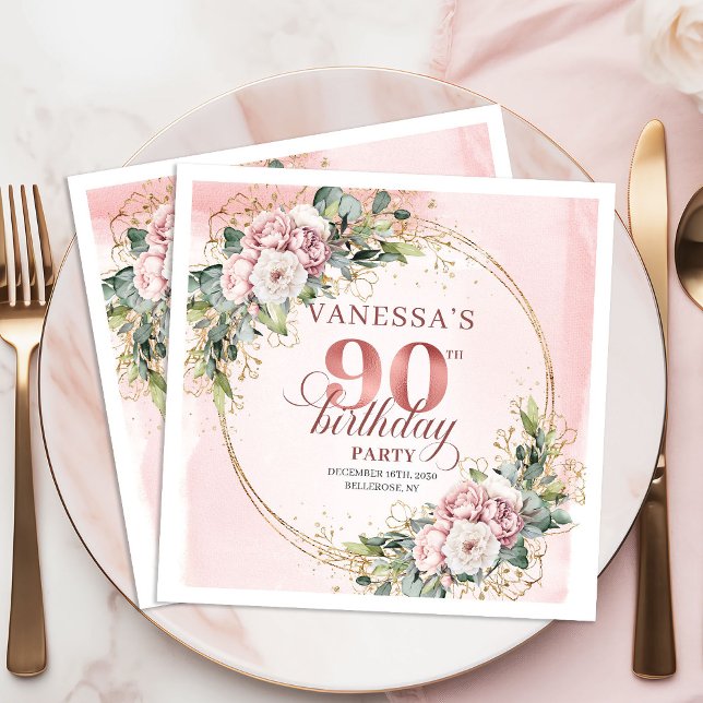 Rose Gold Dusty Pink Boho Floral 90th Birthday  Napkins (Rose Gold Dusty Pink Boho Floral 90th Birthday Napkins)