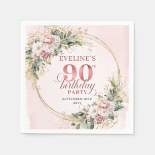 Rose Gold Dusty Pink Floral 90th Birthday Party  Napkins