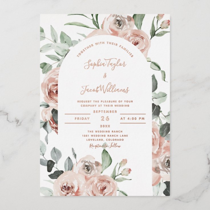 Rose Gold Dusty Pink Floral Eucalyptus Wedding Foil Invitation | Zazzle