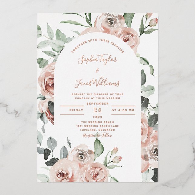 Rose Gold Dusty Pink Floral Eucalyptus Wedding Foil Invitation (Front)