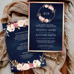 Rose Gold Dusty Pink Floral Navy Blue Wedding Invitation