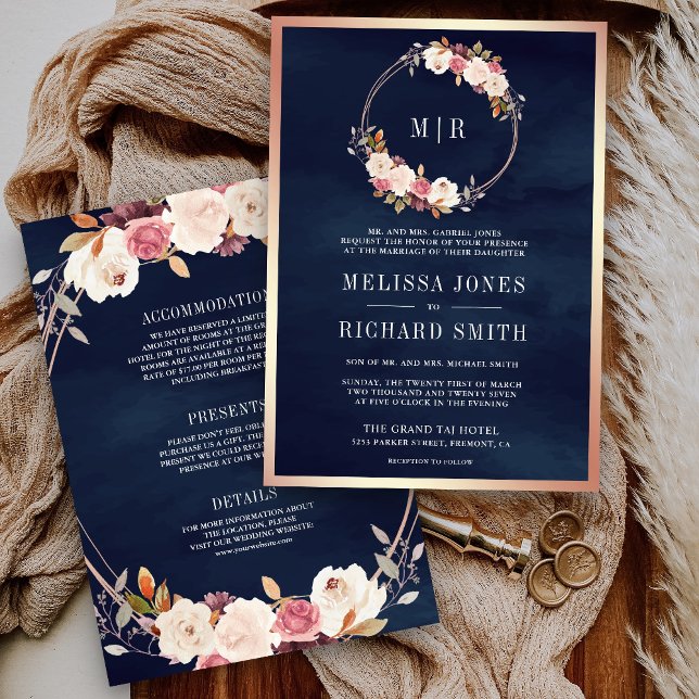 Rose Gold Dusty Pink Floral Navy Blue Wedding Invitation (Creator Uploaded)