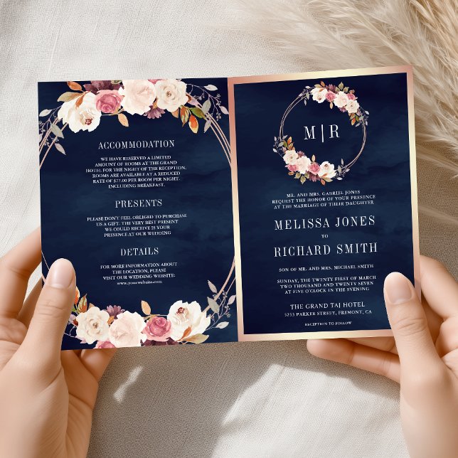 Rose Gold Dusty Pink Floral QR Code Navy Wedding Invitation (Creator Uploaded)