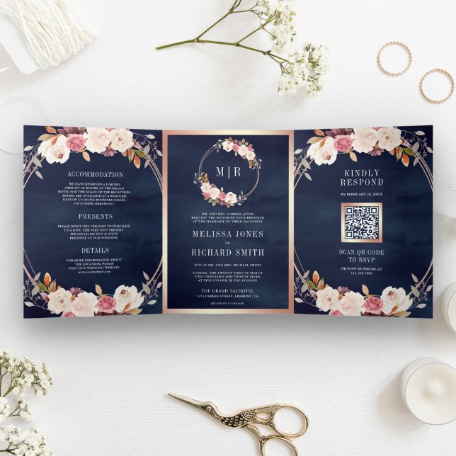 Rose Gold Dusty Pink Floral QR Code Navy Wedding Tri-Fold Invitation (Creator Uploaded)