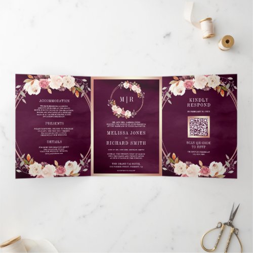 Rose Gold Dusty Pink Floral QR Code Plum Wedding Tri_Fold Invitation