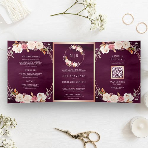 Rose Gold Dusty Pink Floral QR Code Plum Wedding Tri_Fold Invitation