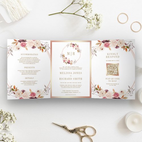 Rose Gold Dusty Pink Floral QR Code Wedding Tri_Fold Invitation