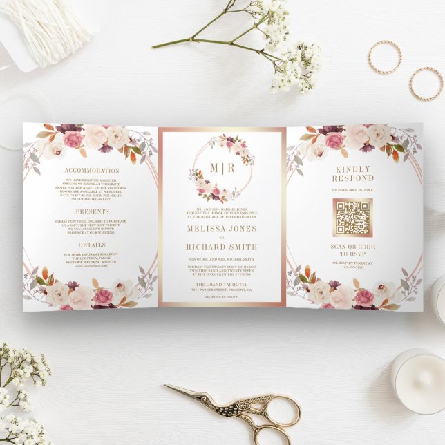 Rose Gold Dusty Pink Floral QR Code Wedding Tri-Fold Invitation (Creator Uploaded)