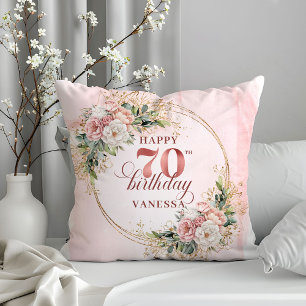 Rose Gold Dusty Pink Floral Watercolor 70 birthday Throw Pillow