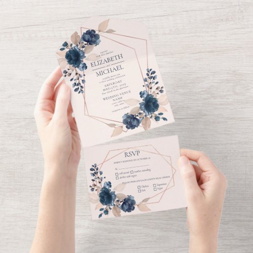 Rose Gold Dusty Pink Navy Blue Geometric Floral All In One Invitation