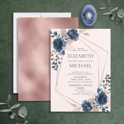 Rose Gold Dusty Pink Navy Blue Geometric Floral Invitation