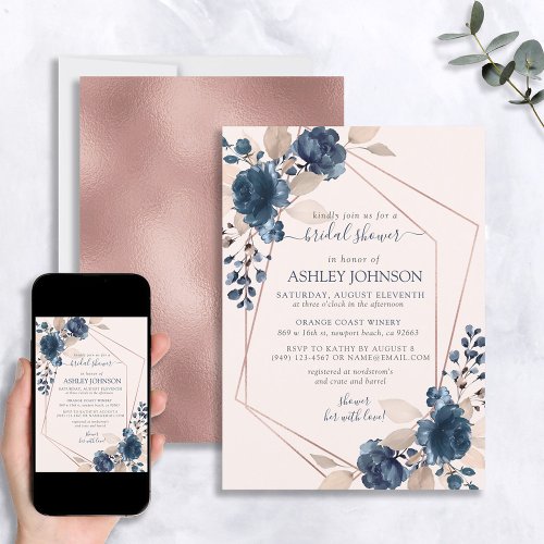 Rose Gold Dusty Pink Navy Floral Bridal Shower Invitation