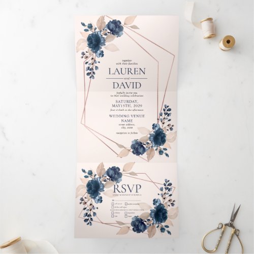 Rose Gold Dusty Pink Navy Floral Geometric Tri_Fold Invitation