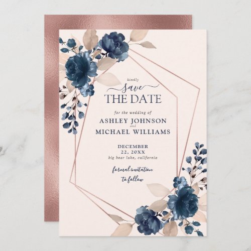 Rose Gold Dusty Pink Navy Floral Save the Date