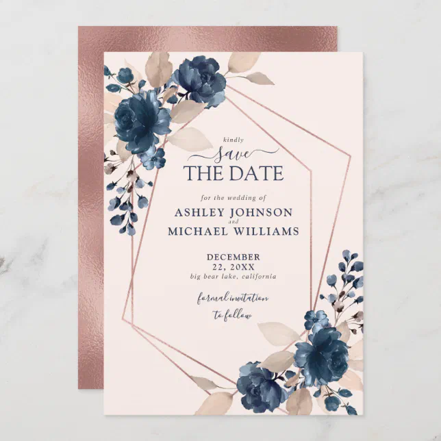 Rose Gold Dusty Pink Navy Floral Save the Date Zazzle