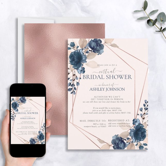 Rose Gold Dusty Pink Navy Floral Virtual Shower Invitation (Creator Uploaded)