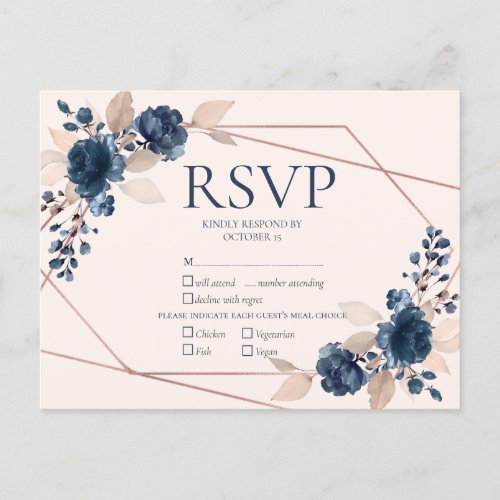 Rose Gold Dusty Pink Navy Floral Wedding RSVP Invitation Postcard