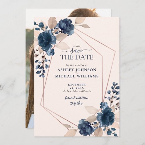 Rose Gold Dusty Pink Navy Photo Save the Date