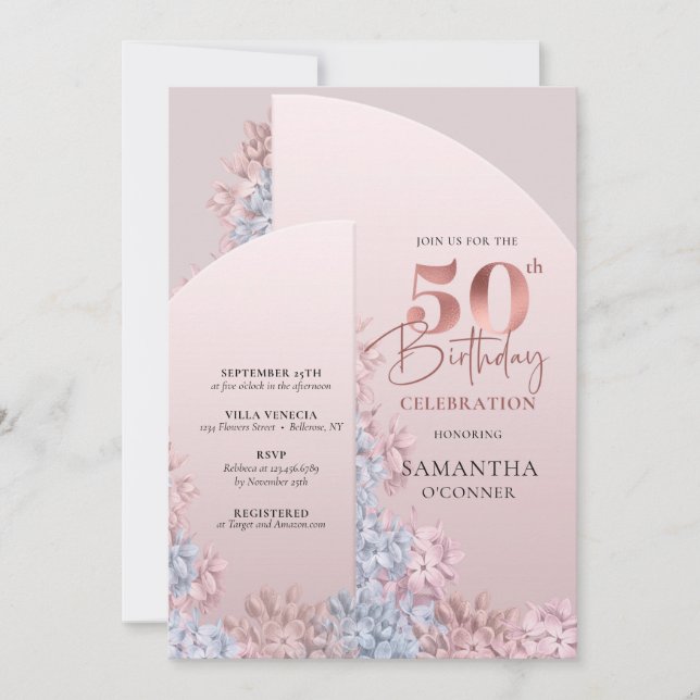 Rose gold dusty pink spring flowers 50th birthday invitation (Front)