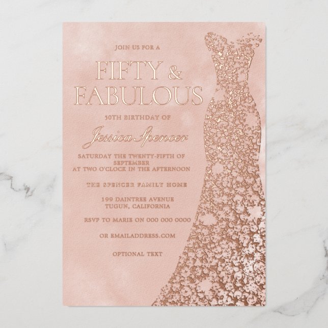 Rose Gold, Dusty Rose & Blush Dress 50th Birthday  Foil Invitation (Front)