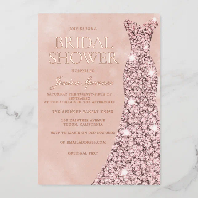 Rose Gold, Dusty Rose & Blush Dress Bridal Shower Foil Invitation | Zazzle