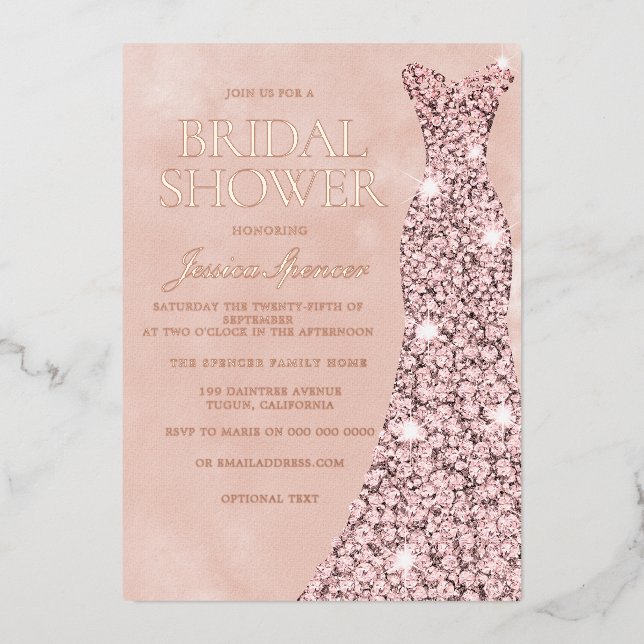 Rose Gold, Dusty Rose & Blush Dress Bridal Shower Foil Invitation (Front)