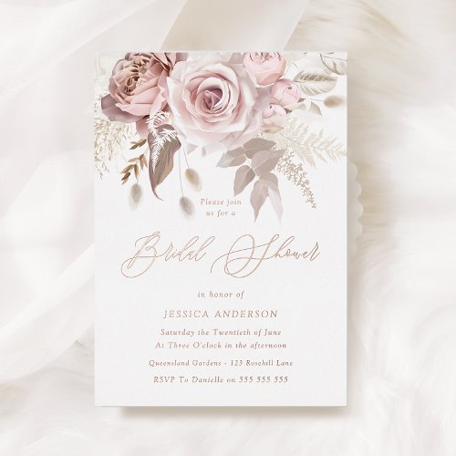Rose Gold Dusty Rose  Blush Floral Bridal Shower Foil Invitation