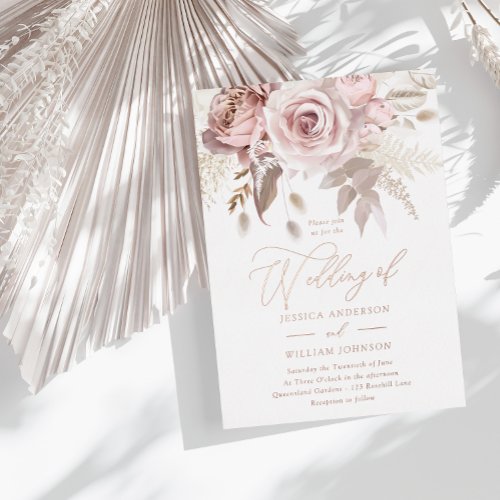 Rose Gold Dusty Rose  Blush Floral Wedding Foil Invitation