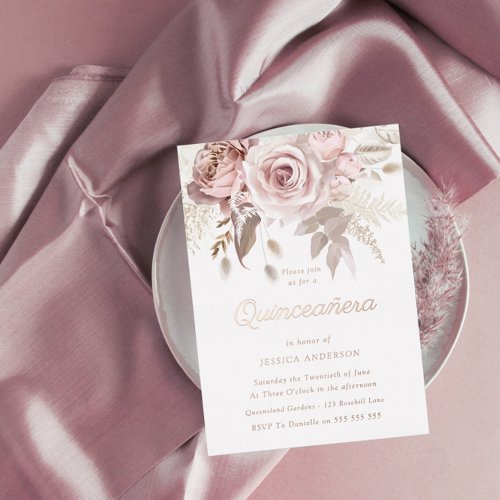 Rose Gold Dusty Rose  Blush Flowers Quinceaera Foil Invitation