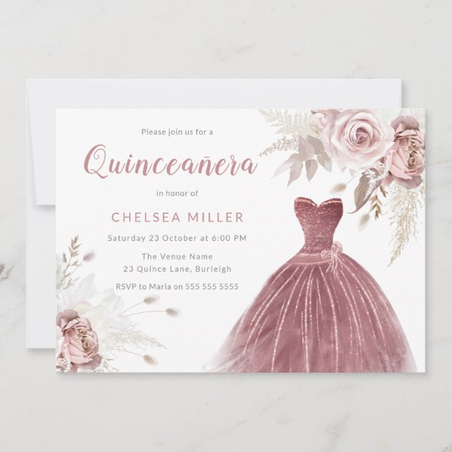 Rose Gold, Dusty Rose & Blush Quinceanera Invitation (Front)
