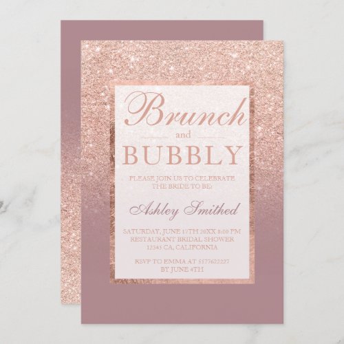 Rose gold dusty rose brunch bubbly bridal shower invitation
