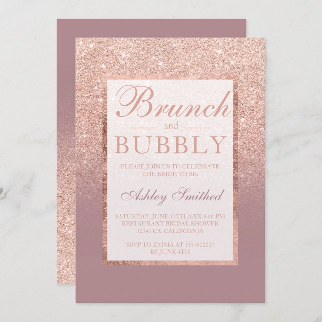 Rose gold dusty rose brunch bubbly bridal shower invitation (Front/Back)