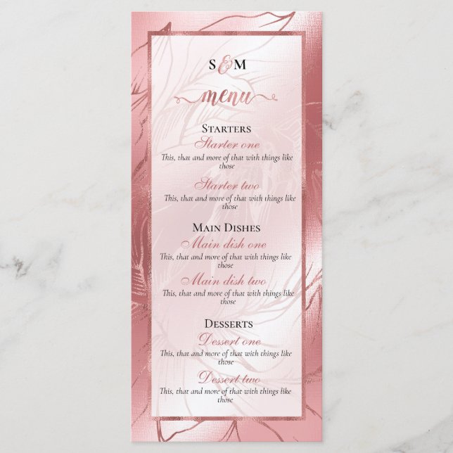 Rose gold dusty rose pink elegant classic wedding menu (Front)