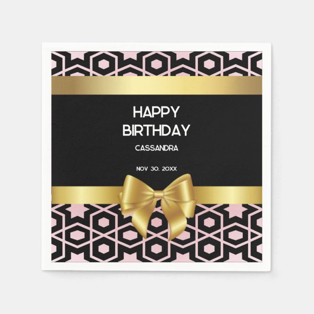 Rose Gold Egypt Geometric Gold Bow Happy Birthday Napkins (Front)