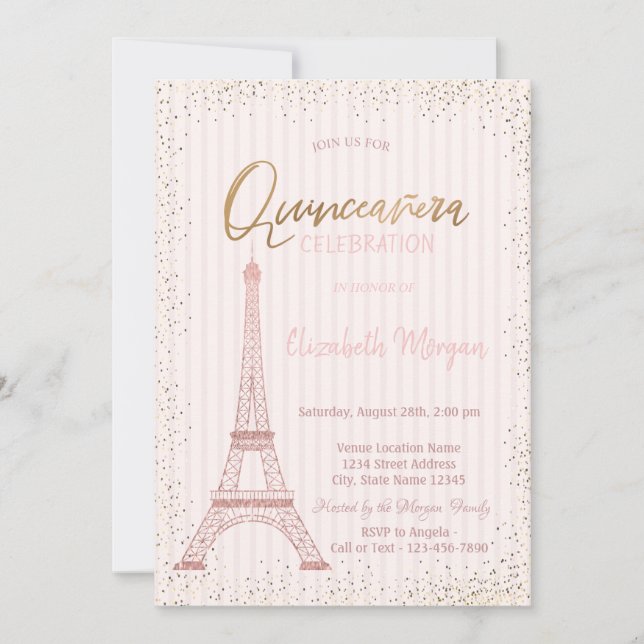 Rose Gold Eiffel Tower Confetti Stripe Quinceanera Invitation (Front)